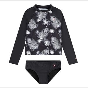 Size 8 Hurley Black & White Palm Leaf Kids Rashguard Set